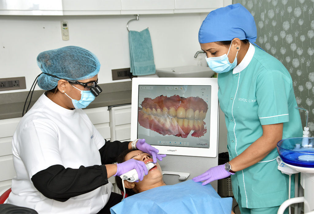Dental professional examining patient in modern dental office